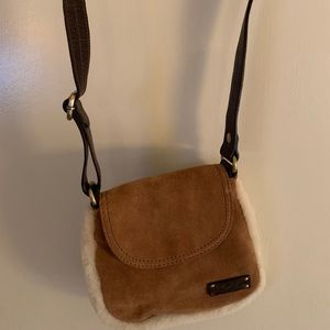 UGG tan suede cross body bag with cream fur trim